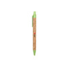 An eco-friendly pen with a cork barrel and green accents, featuring a branding logo.