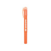 An orange highlighter crayon with a clear cap and textured grip, featuring a logo on the body.