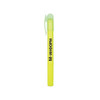 A highlighter crayon in vibrant yellow, featuring a cap and a clip, with a logo on the side.