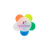 A five-colour highlighter shaped like a flower, featuring orange, yellow, green, blue, and white segments, with a logo in the centre.