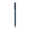 A sleek blue aluminium gel pen with a silver clip and accents, featuring a branding logo.