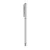A sleek silver aluminium gel pen with a clip and a polished finish. It features a simple design and has a logo.