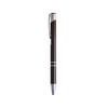 A sleek black aluminum click pen with a silver accent and clip, featuring a chrome tip and detailing.