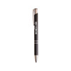 A black aluminium click pen featuring a silver clip and accents, with a logo displayed on the barrel.
