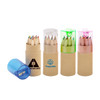 A set of coloured pencils in assorted hues, packaged in clear containers with a sharpener. Features branding on one container.