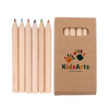 A set of six unsharpened coloured pencils in a cardboard box with a logo. The pencils include red, green, blue, and brown.