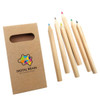 Coloured pencil set featuring five pencils in red, blue, green, brown, and yellow, packaged in a cardboard box with branding.