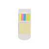 A pocket sticky note pad with a white base, featuring pastel sticky notes in pink, orange, green, and yellow.