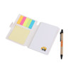 A sticky note wallet featuring yellow, pink, blue, and green sticky notes, with a pen beside it. It includes a logo.