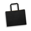 A medium flat handle paper bag in black with two handles and a simple, sleek design.