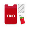 A red Lycra Smart Wallet featuring a smooth front and a 3M adhesive back, designed for attaching to phones.