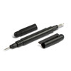 A black pocket screwdriver set featuring a central tool and two removable caps for protection.