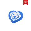 A blue heart-shaped wireless charger featuring a dog face design, with a logo on the side.