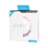 A wireless charger in a sleek, clear design with a blue and white box featuring a logo.