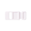 A white sliding webcam cover with a rectangular shape and a sliding mechanism. It features a logo on one side.