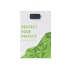 A black upgraded mini webcam cover on a green and white branded packaging featuring geometric patterns.