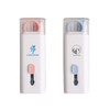 Two white cleaning kits with pink and blue caps, featuring a button and a small window to view contents. Each has a logo.