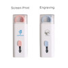 Two drink bottles in white, one with a pink lid and the other with a blue lid, each featuring different branding.