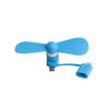 A blue 2 in 1 smart phone fan with a flexible connector, suitable for charging ports and equipped with a logo.