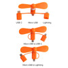 An orange 3 in 1 smartphone fan with USB C, Micro USB, and Lightning connectors, featuring rotating blades.