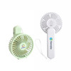 A foldable USB handy fan in light green and white, featuring branding logos on the fan's surface.