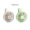 A foldable USB handy fan in white and light green, featuring a logo and a unique engraving design.