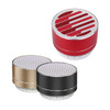A collection of three Metal Fashion Bluetooth speakers in red, gold, and black, with a mesh top and control buttons.