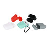 A collection of silicone protection cases for AirPods in red, white, black, grey, and mint green, featuring a carabiner.