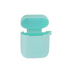 A mint green silicone protection case for AirPods, featuring an open lid and a loop for attachment.