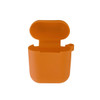 An orange silicone case for AirPods, featuring an open top and a simple design. It includes a branding logo.