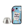 A lockable phone pouch with a colourful school-themed design and a silver phone locker accessory.