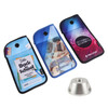 Three lockable phone pouches in blue and black, featuring different designs and a silver base stand.