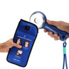 A blue lockable phone pouch with a hand demonstrating its use and a tool for securing it. Features a logo.