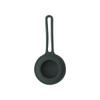 A dark green silicone strainer with a long handle, designed for kitchen use.