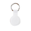 A white protective case for an Air Tag, featuring a metal keyring for attachment.