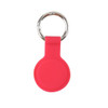 A red silicone protective case for an AirTag, featuring a metal keyring attachment.