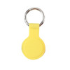 A yellow protective case for an Air Tag, featuring a metal keyring attachment.