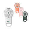 A set of four mini fans in white, coral, pink, and green, featuring a carabiner clip and a logo.