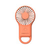 A compact orange carabiner mini fan with LED light, featuring a circular design and a small handle for attachment.