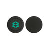 A round black magnetic wireless charging stand with a logo on one side and a smooth, plain surface on the other.