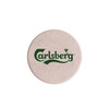 A round wireless charger in a light beige colour with a logo prominently displayed.