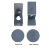 A grey foldable wireless charger stand with a circular opening and features for screen print and laser engraving.