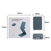 A grey, foldable wireless charger stand is displayed next to its packaging, showcasing dimensions and design.