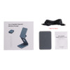 A foldable wireless charger stand in grey with a matching Type C cable. Includes a user manual and packaging.