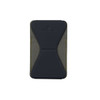 A black and grey PU MagSafe phone stand card holder with an embossed logo. Perfect for holding cards securely.