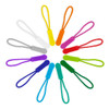 A collection of silicone zip pullers in various colours, including purple, blue, green, yellow, orange, and grey.