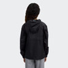 A black women's windbreaker jacket with a hood and long sleeves, featuring a logo on the back.