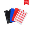 A set of four RFID card protector sleeves in black, blue, red, and white with a logo.