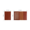 A brown PU leather passport holder with interior pockets and a clear ID window, showcasing its dimensions.