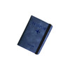 A blue PU leather passport holder with a logo and an elastic band. It features the word “PASSPORT” and an airplane design.